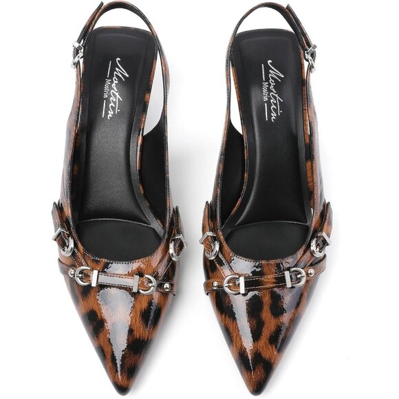 Women's Leopard Pointed Toe Pumps Patent Leather Slingback Heels With Buckle - Picture 5 of 9